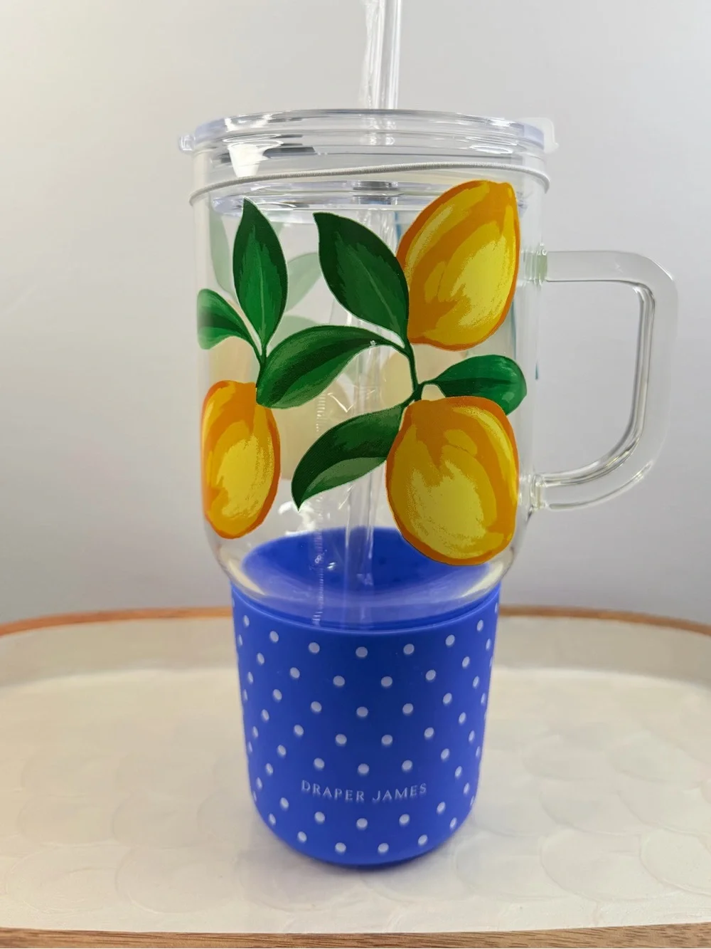 Draper James Glass Tumbler Straw For Hot & Cold Yellow Lemon Blue Polka Dot 39oz